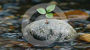 Tiny sprout emerging from a stone in flowing water