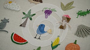 Tiny Tapestry: Delicate Hand Stitching Creates Birds, Trees, and Fruits