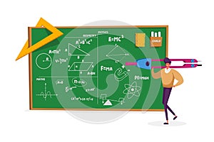 Tiny Teacher Male Character Holding Huge Compass Stand at Chalkboard with Geometry and Physics Formulas
