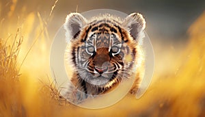 Tiny Royalty: A Majestic Portrait of a Cute Tiger Cub in a Meadow on a Beautiful Summer Day> Generative AI