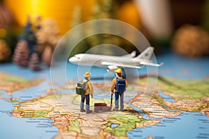 Tiny traveler figurines, both male and female, backpacked, beside a world map and plane model