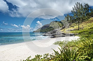 Tiny white-sand beach in Seychelles