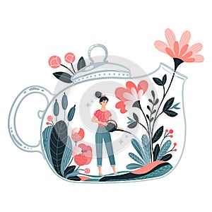 Tiny woman character watering house plant, magic flask bank area isolated on white, flat vector illustration. Ecology