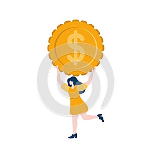 Tiny Woman give coin with dollar sign vector. Business finance growth illustration for smart investment concept. Profit