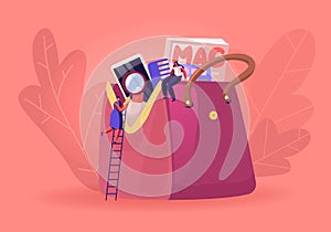 Tiny Woman with Magnifying Glass Climbing by Ladder on Huge Bag Girl Sitting on Female Cosmetician