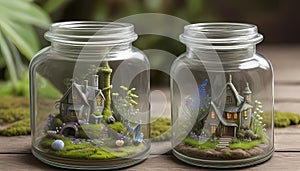 Tiny World Encased: Miniature House and Garden in a Glass Jar