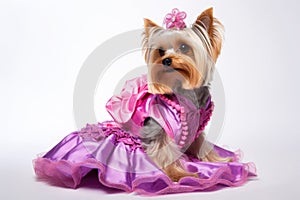 Tiny yorkie all dressed up in pink