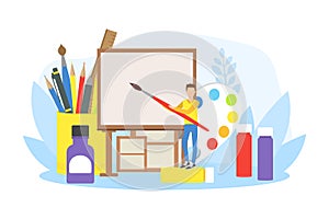 Tiny Young Woman Artist Painting with Big Paintbrush on Easel Vector Illustration