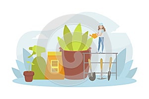 Tiny Young Woman Watering Houseplant with Can, Girl Caring for Indoor Plants Vector Illustration