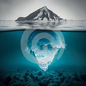 Tip of an iceberg in a icy sea seen from over and under the water. Generative AI