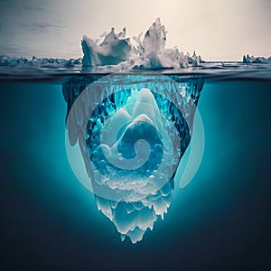 Tip of an iceberg in a icy sea seen from over and under the water. Generative AI