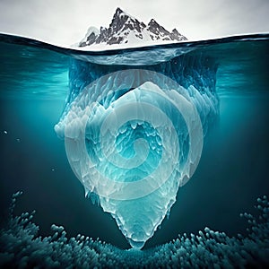 Tip of an iceberg in a icy sea seen from over and under the water. Generative AI