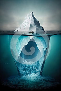 Tip of an iceberg in a icy sea seen from over and under the water. Generative AI