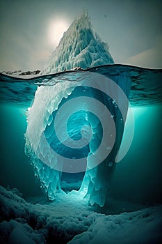 Tip of an iceberg in a icy sea seen from over and under the water. Generative AI