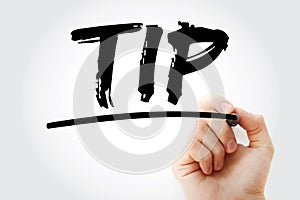 TIP - Theory Into Practice acronym with marker, education concept background