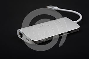 Tipe-C aluminum multiport adapter on black background