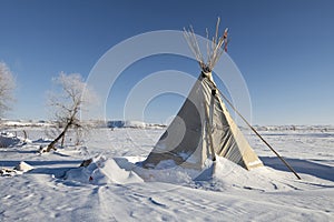 Tipi at the edge of Oceti Sakowin Camp with turtle hill in background, Cannon Ball, North Dakota, USA, January 2017