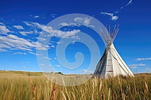 a tipi in a prairie under a wide blue sky