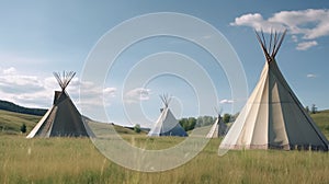 Tipi tents in a field. First Nations tipi, Near Whitehorse Village