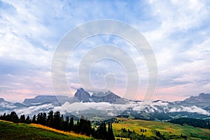 Tipica Seiser Alm mountain view at sunrise photo