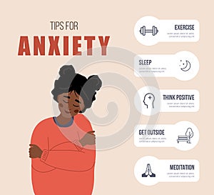 Tips for anxiety. Happy african woman hugging herself. Mental health concept. Infographic of psychology help. Mood