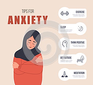 Tips for anxiety. Happy arab woman hugging herself. Mental health concept. Infographic of psychology help. Mood disorder