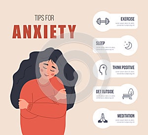 Tips for anxiety. Happy woman hugging herself. Mental health concept. Infographic of psychology help. Mood disorder