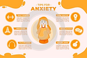 Tips for anxiety infographic, mental health tips to reduce stress, vector illustration