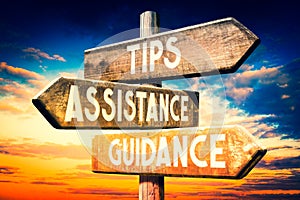 Tips, assistance, guidance - wooden signpost, roadsign with three arrows