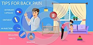 Tips for Back Pain for Mom. Vector Illustration.