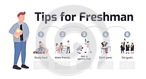 Tips for freshman flat color vector informational infographic template photo