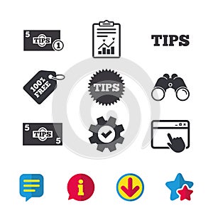 Tips icons. Cash with coin money symbol.