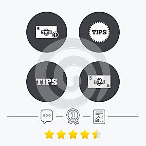 Tips icons. Cash with coin money symbol.