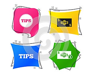 Tips icons. Cash with coin money symbol. Vector