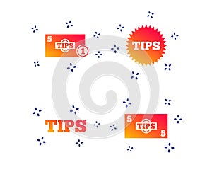 Tips icons. Cash with coin money symbol. Vector