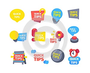 Tips quick set. Hints useful tips color banners alarm clock ringing megaphone message board red button question mark