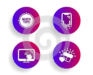 Tips, Smartphone recovery and Touch screen icons set. Love gift sign. Quick tricks, Phone repair, Web support. Vector