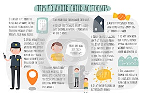 Tips to avoid child accidents infographic. Recommendations for parents about child safeness. photo