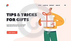 Tips and Tricks for Gifts Landing Page Template. Happy Young Man Holding Big Gift Box Wrapped with Festive Bow