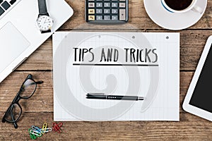 Tips, tricks on notebook on Office desk with computer technology photo