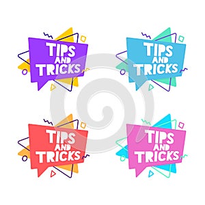 Tips and tricks speech bubble. Set of colorful vector badges. Marketing, advertising, business banners.