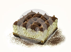 Tiramisu cake, big portion isolated on white