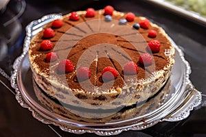 Tiramisu cake with raspberries, Traditional Italian dessert
