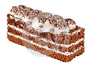 Tiramisu cake with three layers of chocolate biscuit and natural coffee syrup with cognac and Tiramisu cream. Decorated with
