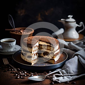 tiramisu cake on with tole with cut off piece around cup spoon dark background