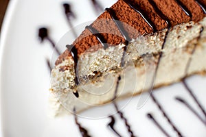 Tiramisu cake on a white plate