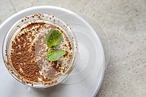 Tiramisu dessert with a mint on top