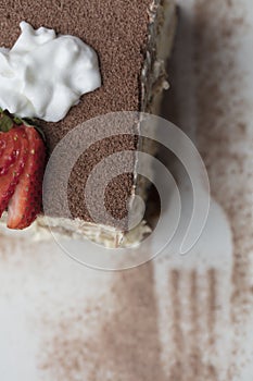 Italian Tiramisu made with chocolate and layers of cake and cream, topped with strawberries