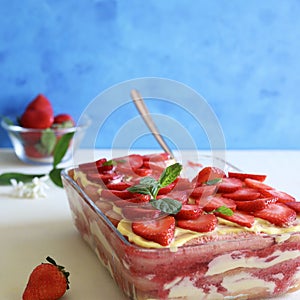 Tiramisu, traditional Italian dessert with strawberry.