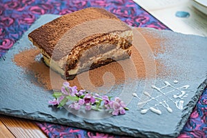 Tiramisu. Traditional italian dessert on white plate, wooden background. Selective focus